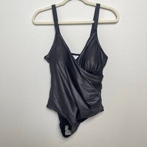 Serra One Piece Swimsuit L Black Metallic Ruched Tummy Control Adjustable Straps